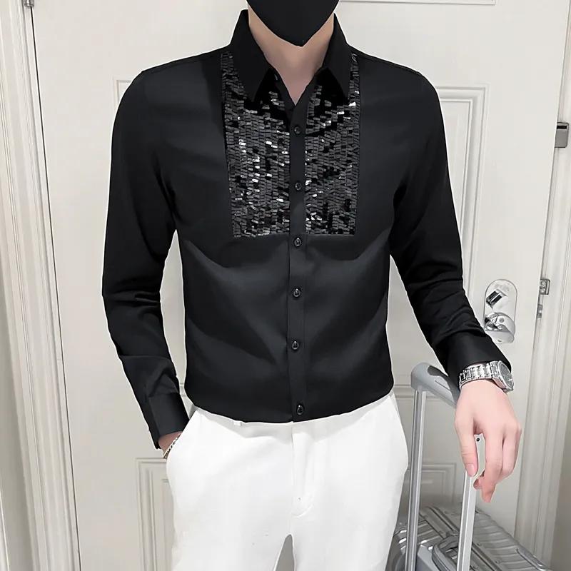 남성용 화이트 블랙 긴팔 턱시도 셔츠, 앞면 스팽글 드레스, 슬림핏 상의, 웨딩 파티 블라우스, 2024 새로운 디자인